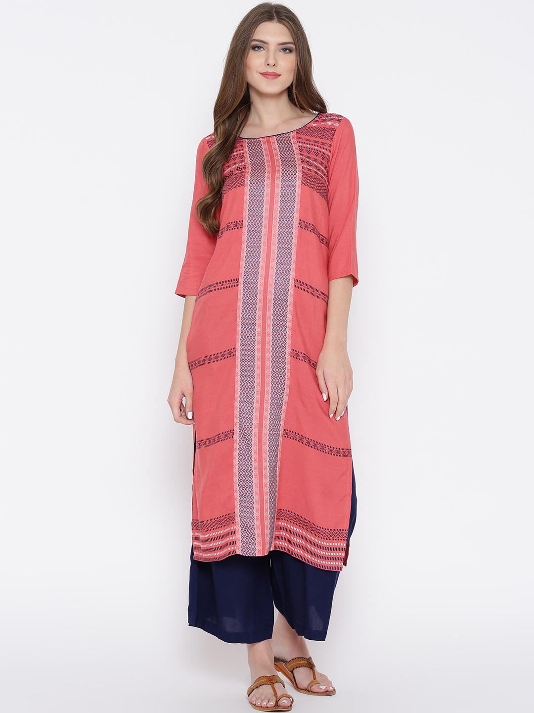 

AURELIA Women Coral Orange Woven Design Straight Kurta