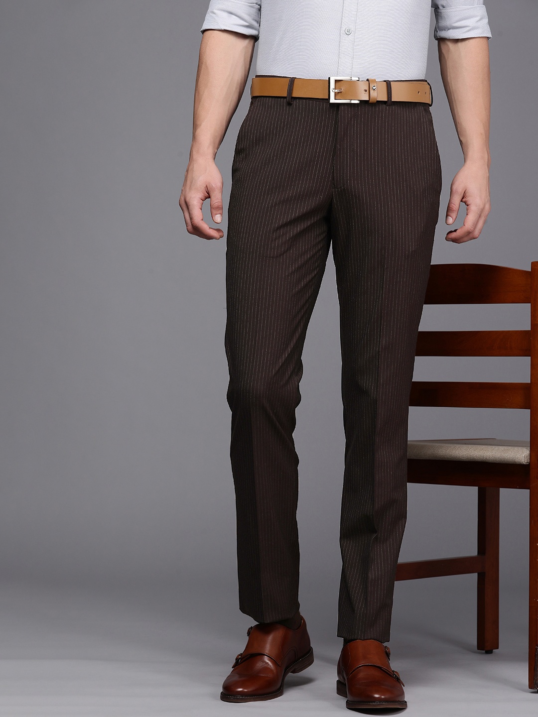 

Louis Philippe Men Brown Striped Slim Fit Formal Trousers