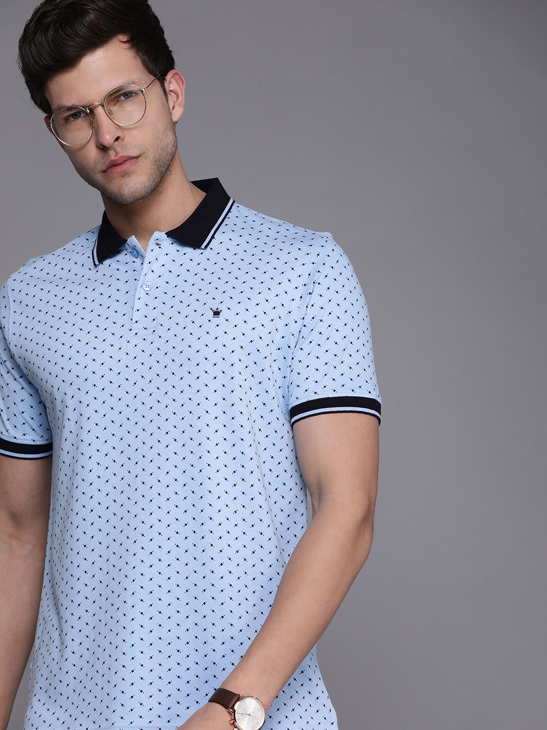 

Louis Philippe Men Printed Polo Collar Pure Cotton T-shirt, Blue