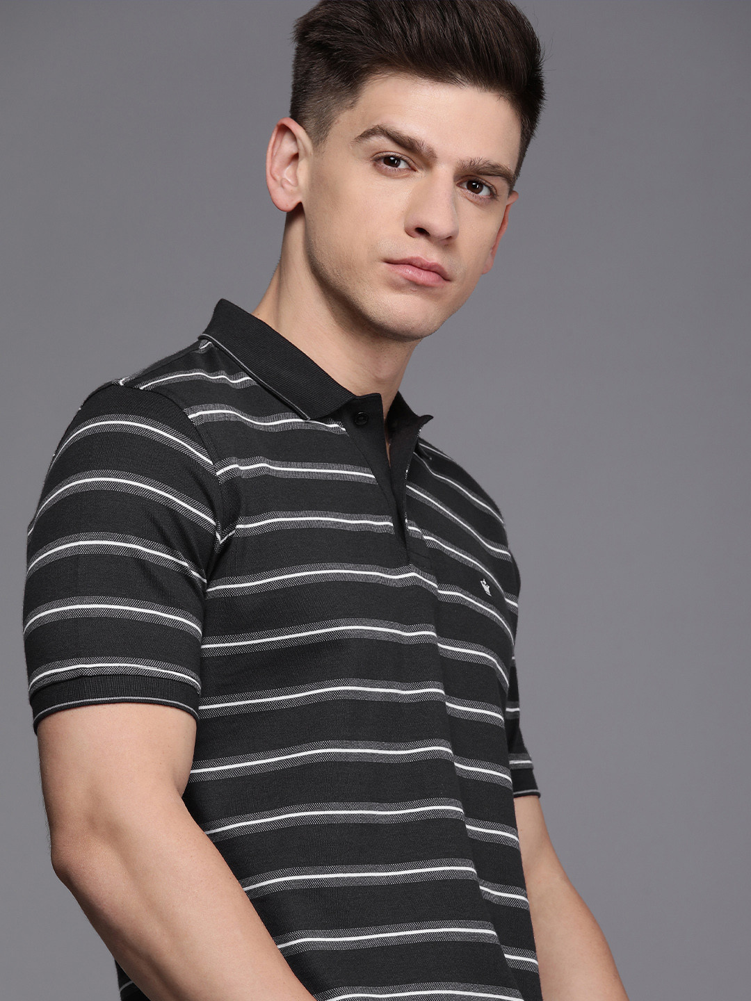 

Louis Philippe Men Black Pure Cotton Striped Polo Collar T-shirt
