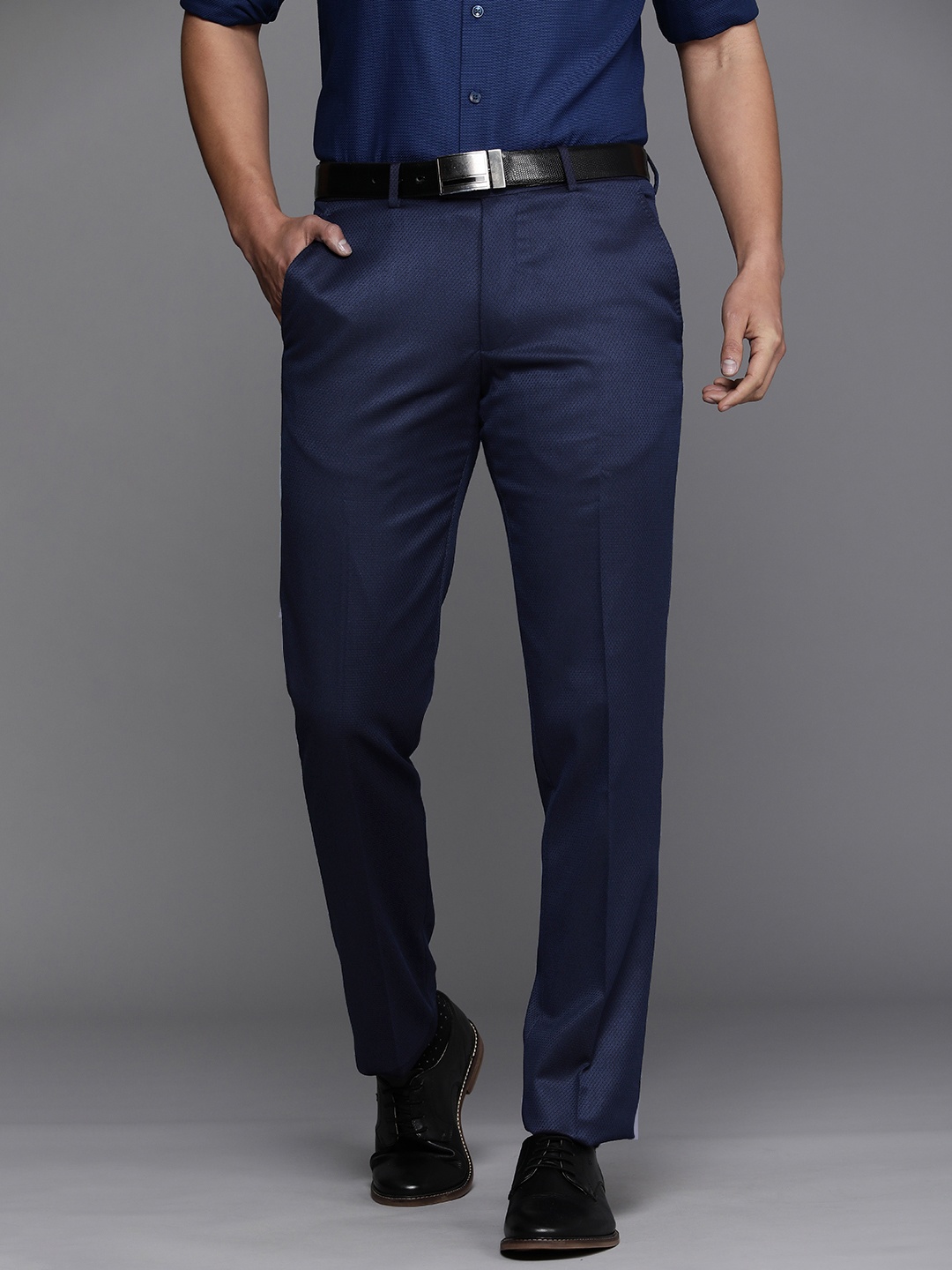 

Louis Philippe Men Navy Blue Textured Slim Fit Trousers