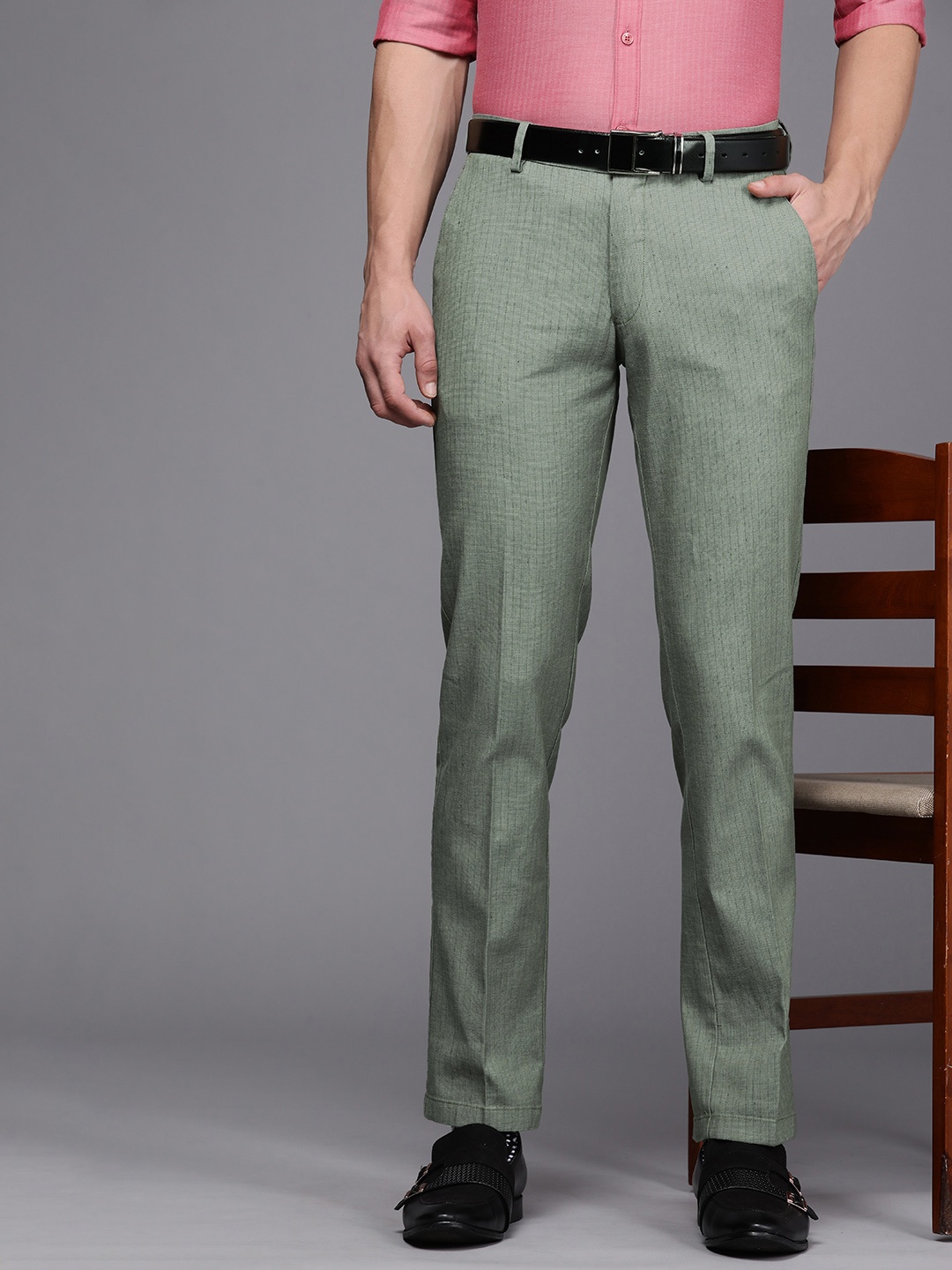 

Louis Philippe Men Cotton Linen Striped Slim Fit Formal Trousers, Green