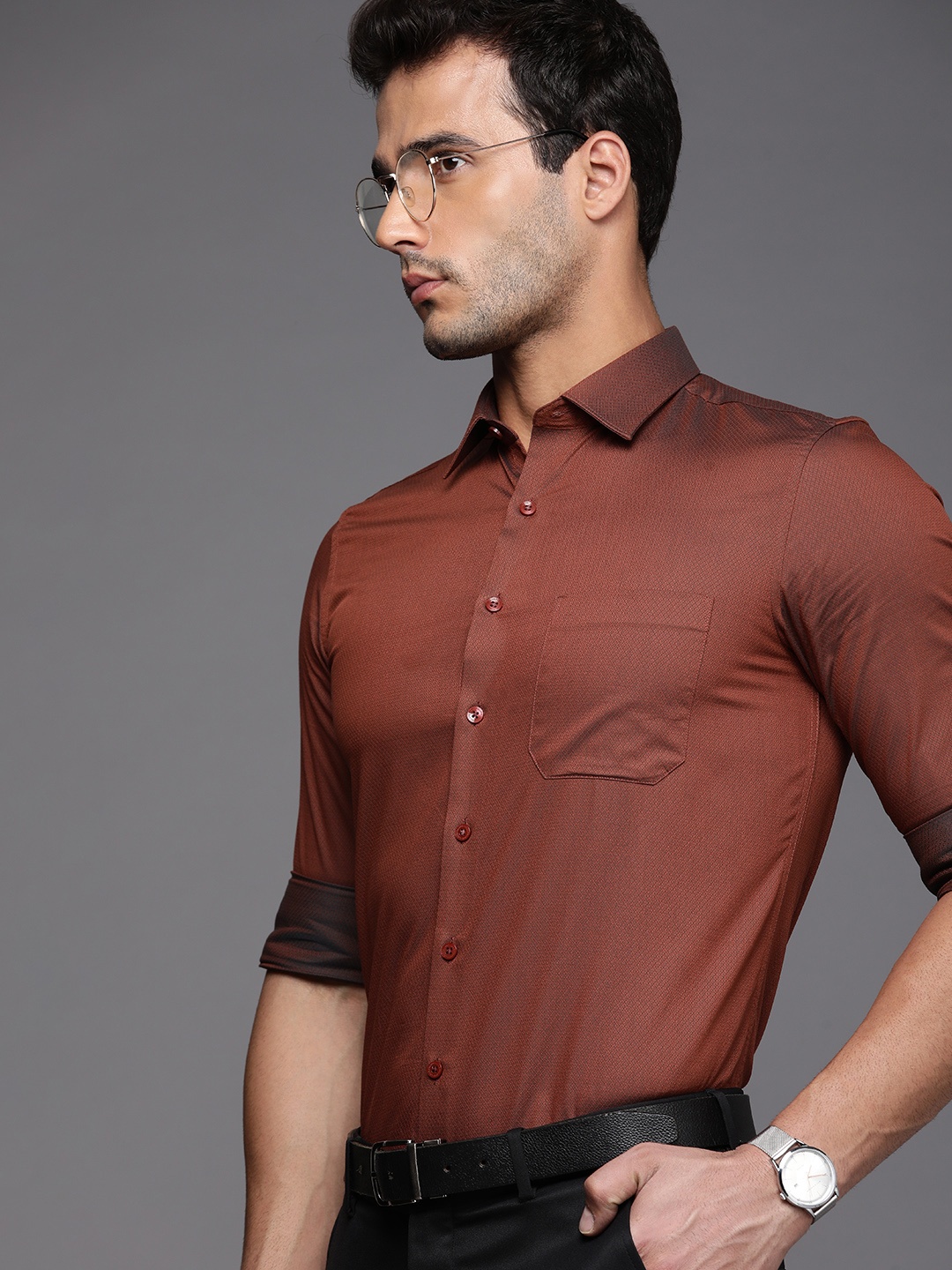 

Louis Philippe Self-Design Slim Fit Pure Cotton Formal Shirt, Rust