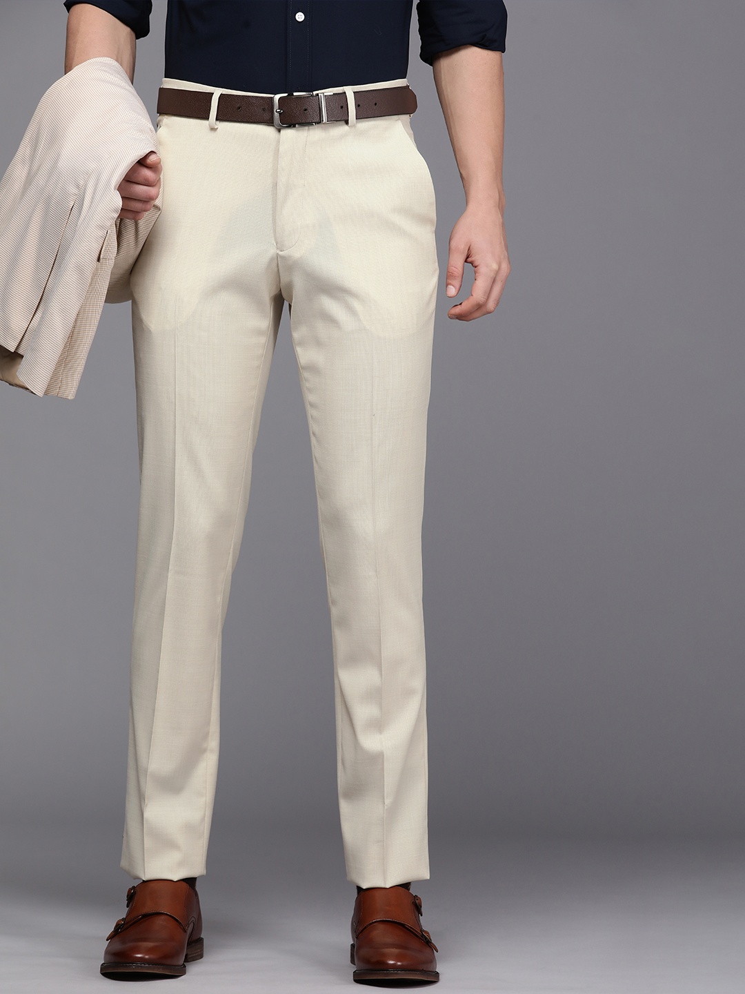 

Louis Philippe Men Beige Solid Slim Fit Formal Trousers