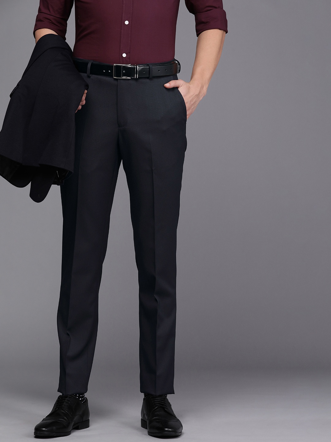 

Louis Philippe Men Navy Blue Textured Slim Fit Formal Trousers