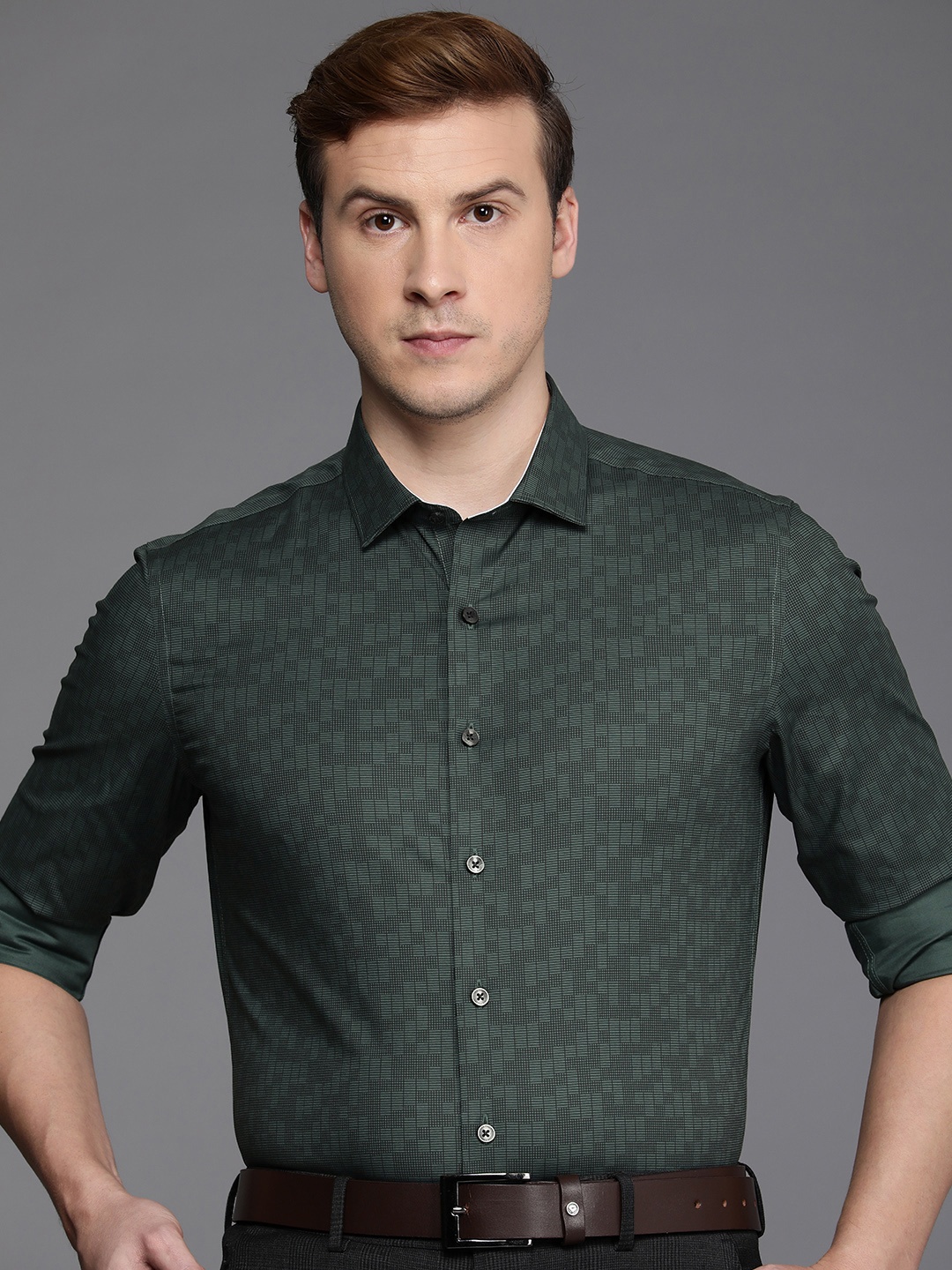 

Louis Philippe Men Green Checked Long sleeves Formal Shirt