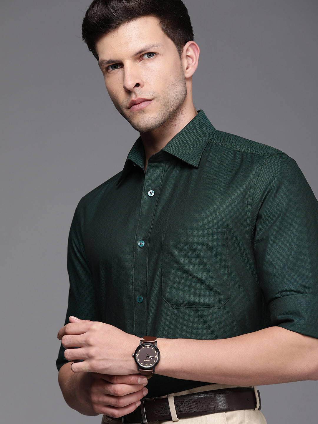 

Louis Philippe Men Dark Green Classic Micro Checks Printed Pure Cotton Formal Shirt