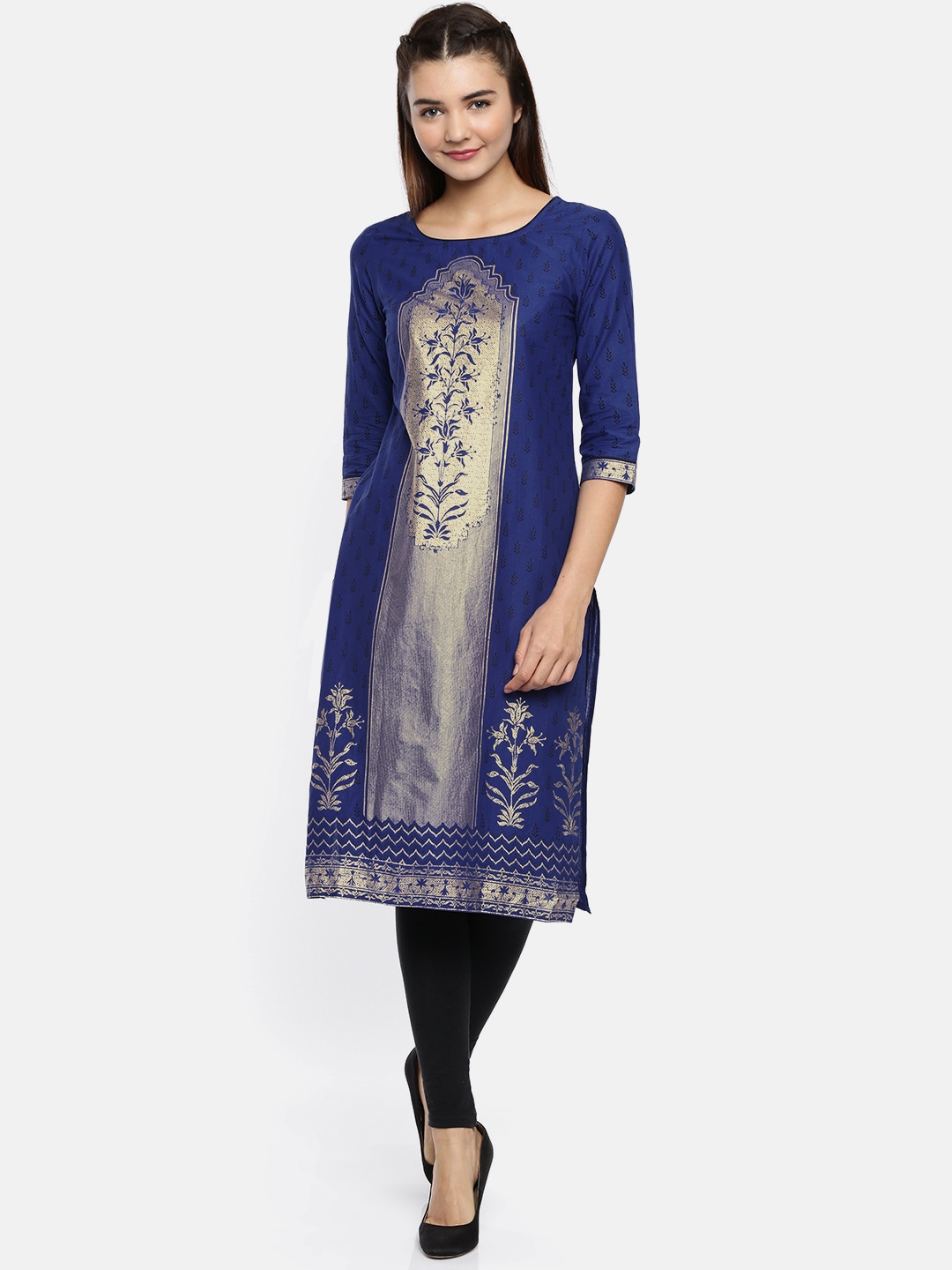 

AURELIA Women Blue & Golden Printed Straight Kurta