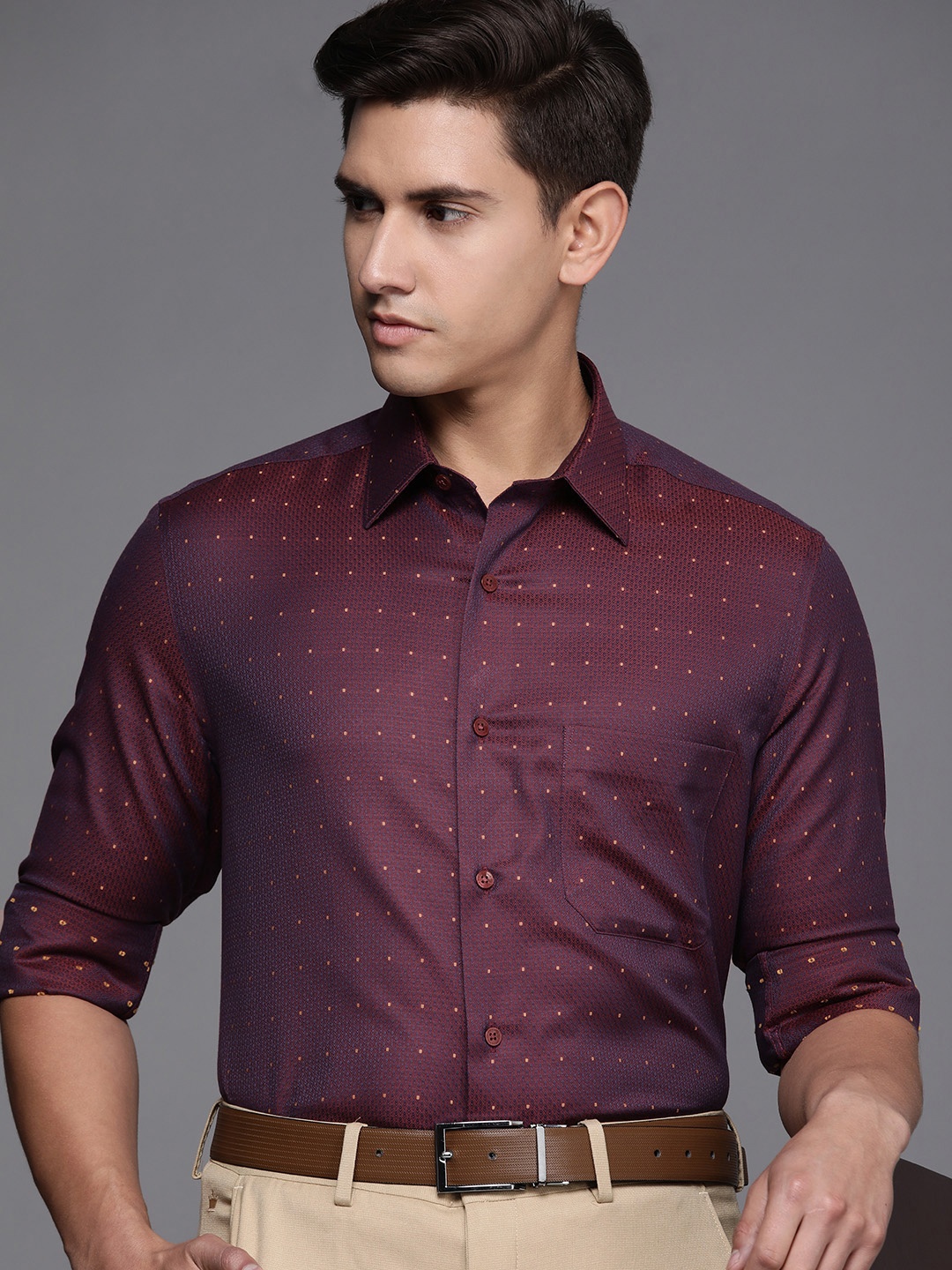 

Louis Philippe Gods & Kings Textured Classic Fit Giza Cotton Formal Shirt, Burgundy