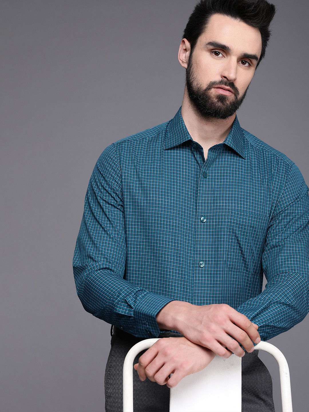 

Louis Philippe Pure Cotton Classic Fit Checked Formal Shirt, Teal