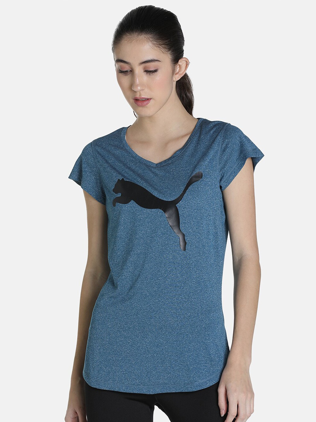 

Puma Women Blue Printed V-Neck Extended Sleeves T-shirt