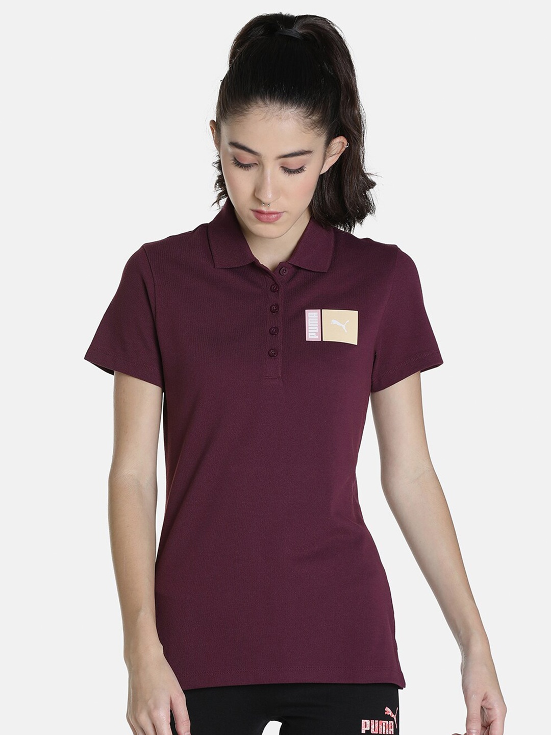 

Puma Women Purple Box Graphic Logo Polo T-Shirt