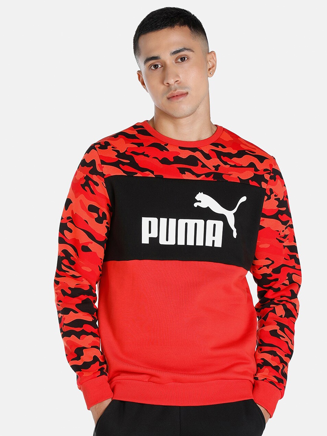 

Puma Men Red & Black Essentials+ Camo Crewneck Regular Fit Sweatshirt