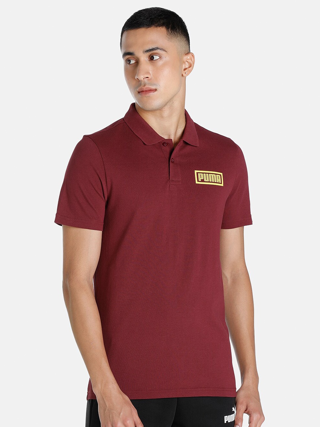 

Puma Men Maroon Graphic Logo Printed Polo Collar Slim Fit T-shirt