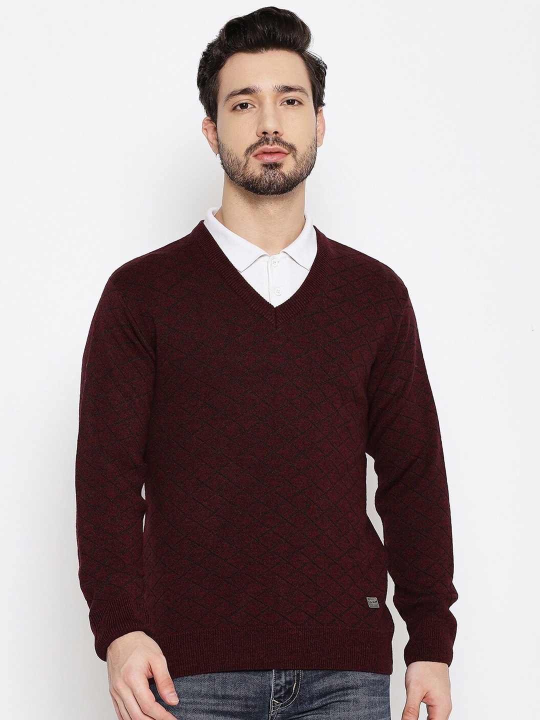 

Duke Men Maroon & Grey Checked Checked Pullover
