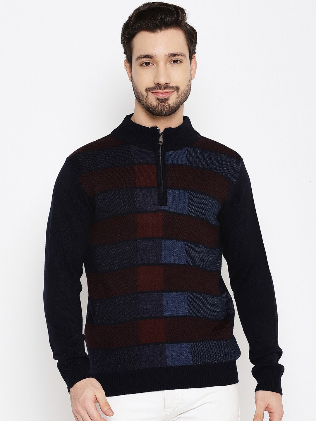 

Duke Men Navy Blue & Maroon Checked Checked Pullover