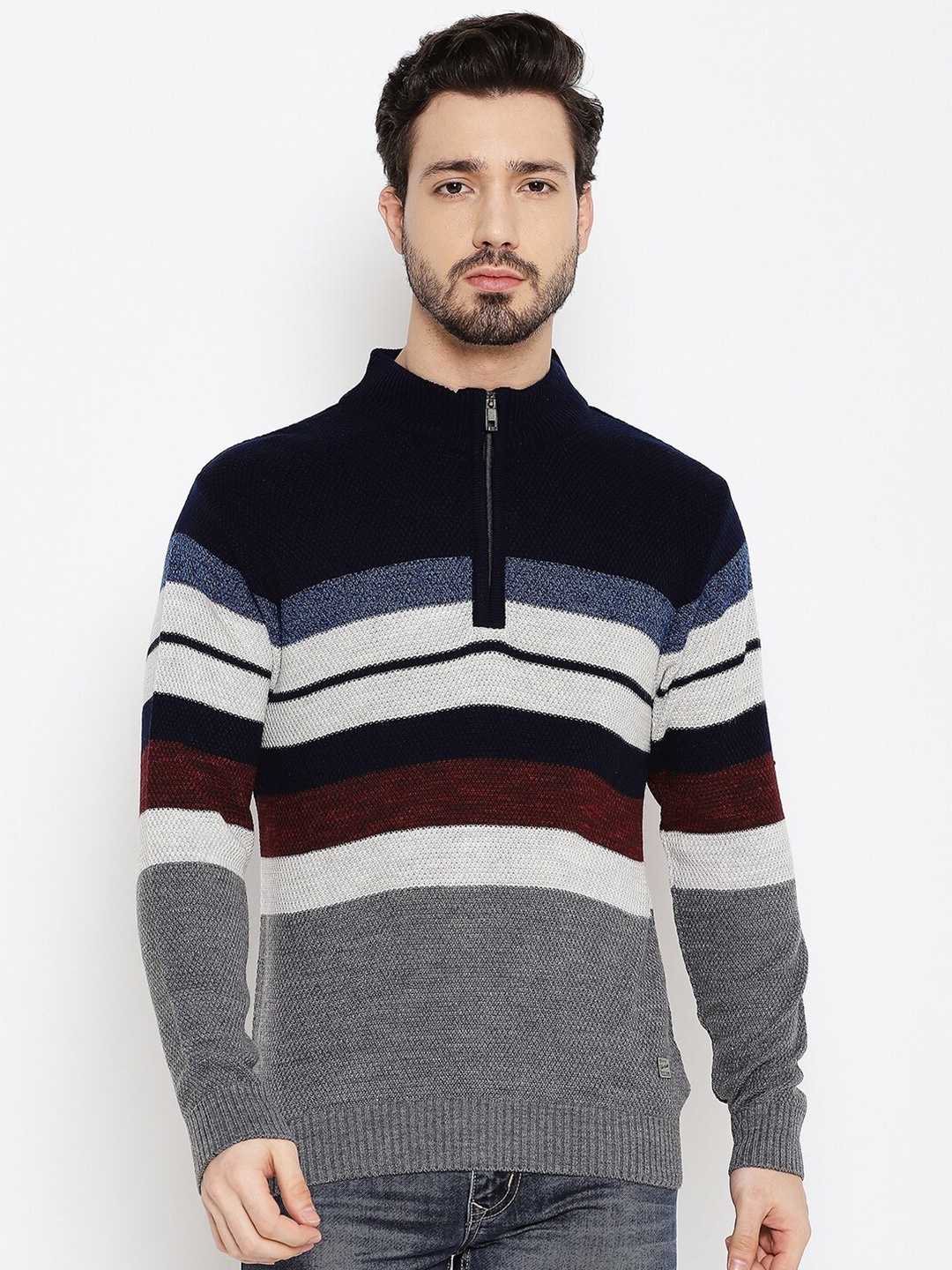 

Duke Men Grey & White Striped Striped Pullover