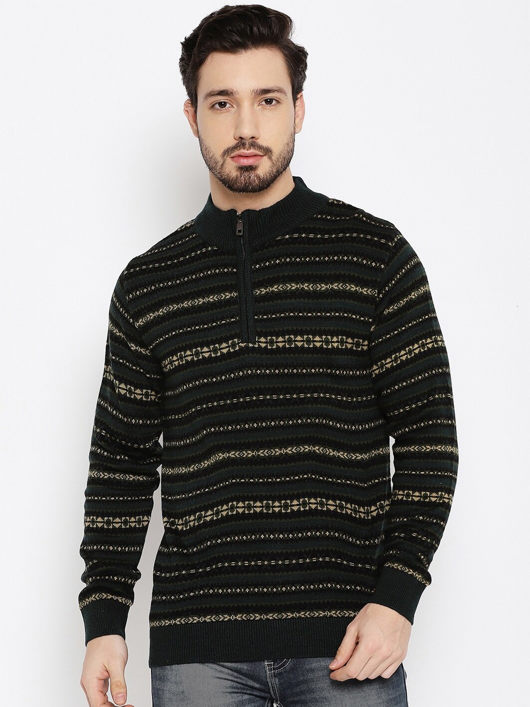 

Duke Men Green & Cream-Coloured Striped Pullover