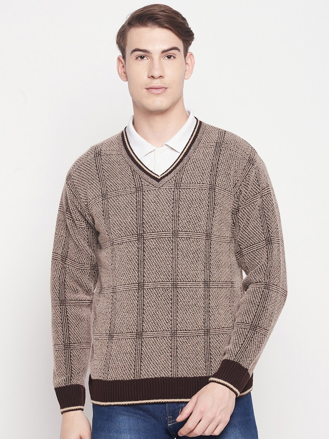 

Duke Men Brown Checked Checked Pullover