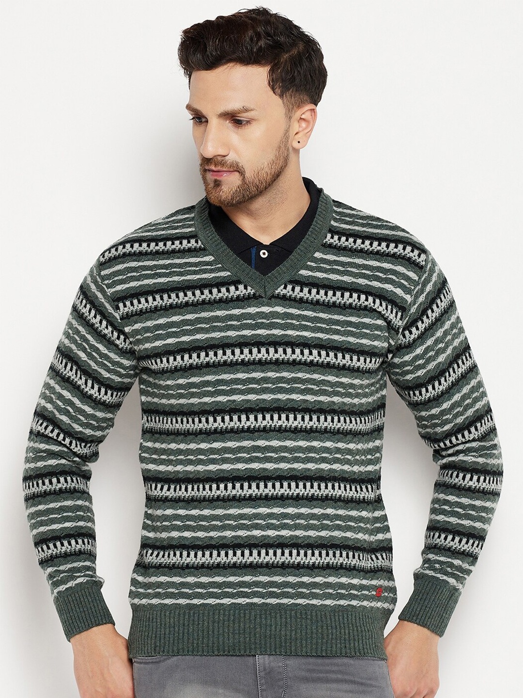 

Duke Men Green & Black Striped Striped Pullover