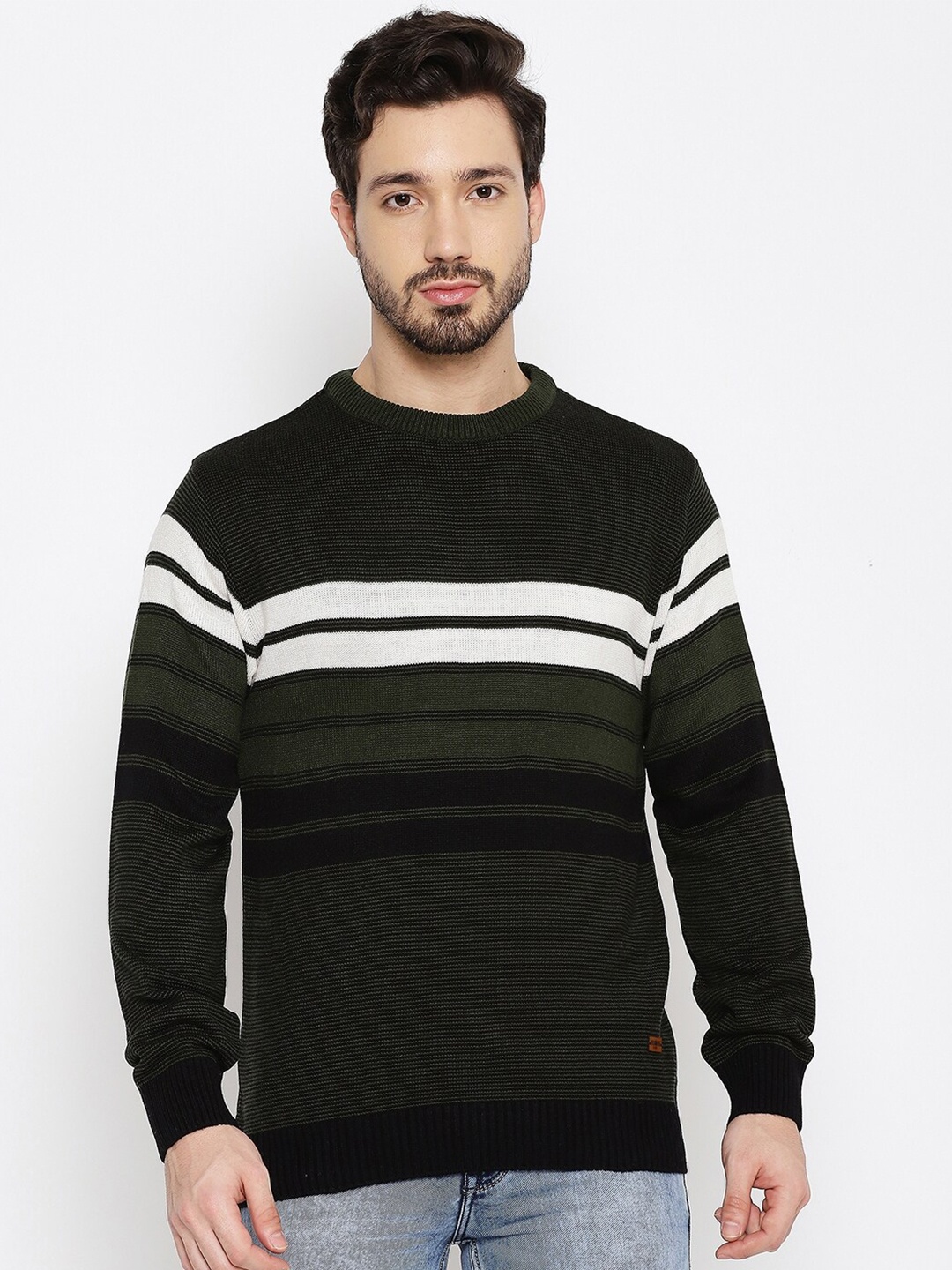 

Duke Men Green & White Striped Striped Pullover