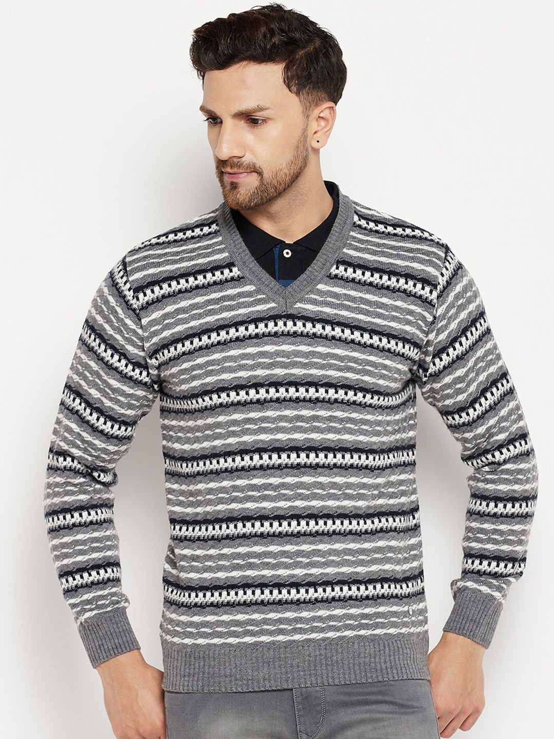 

Duke Men Grey & Black Striped Striped Pullover