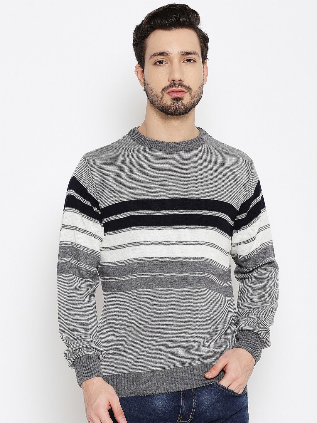 

Duke Men Grey & Black Striped Striped Pullover