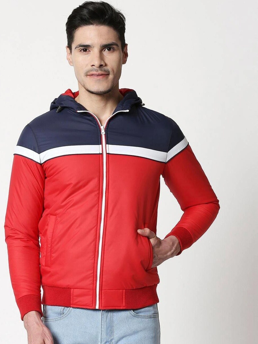 

Bewakoof Men Red & Black Colourblocked Nylon Hooded Bomber Jacket