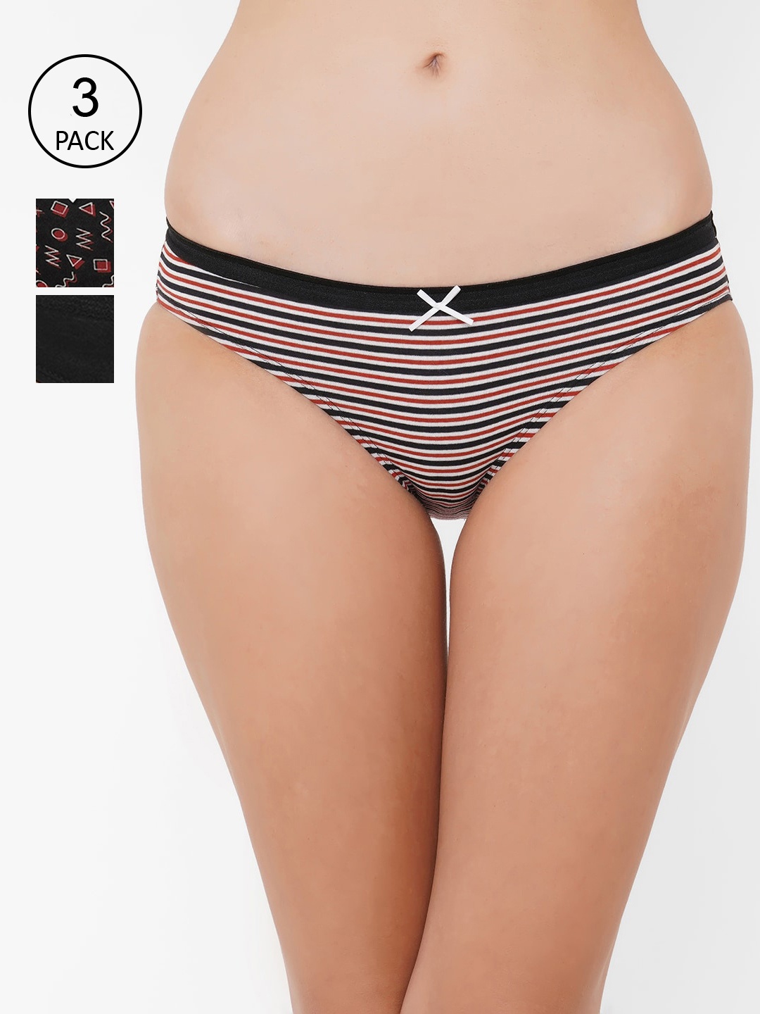 

SOIE Women Mid Rise Medium Coverage Solid and Printed Cotton Stretch Briefs (Pack of 3), Black