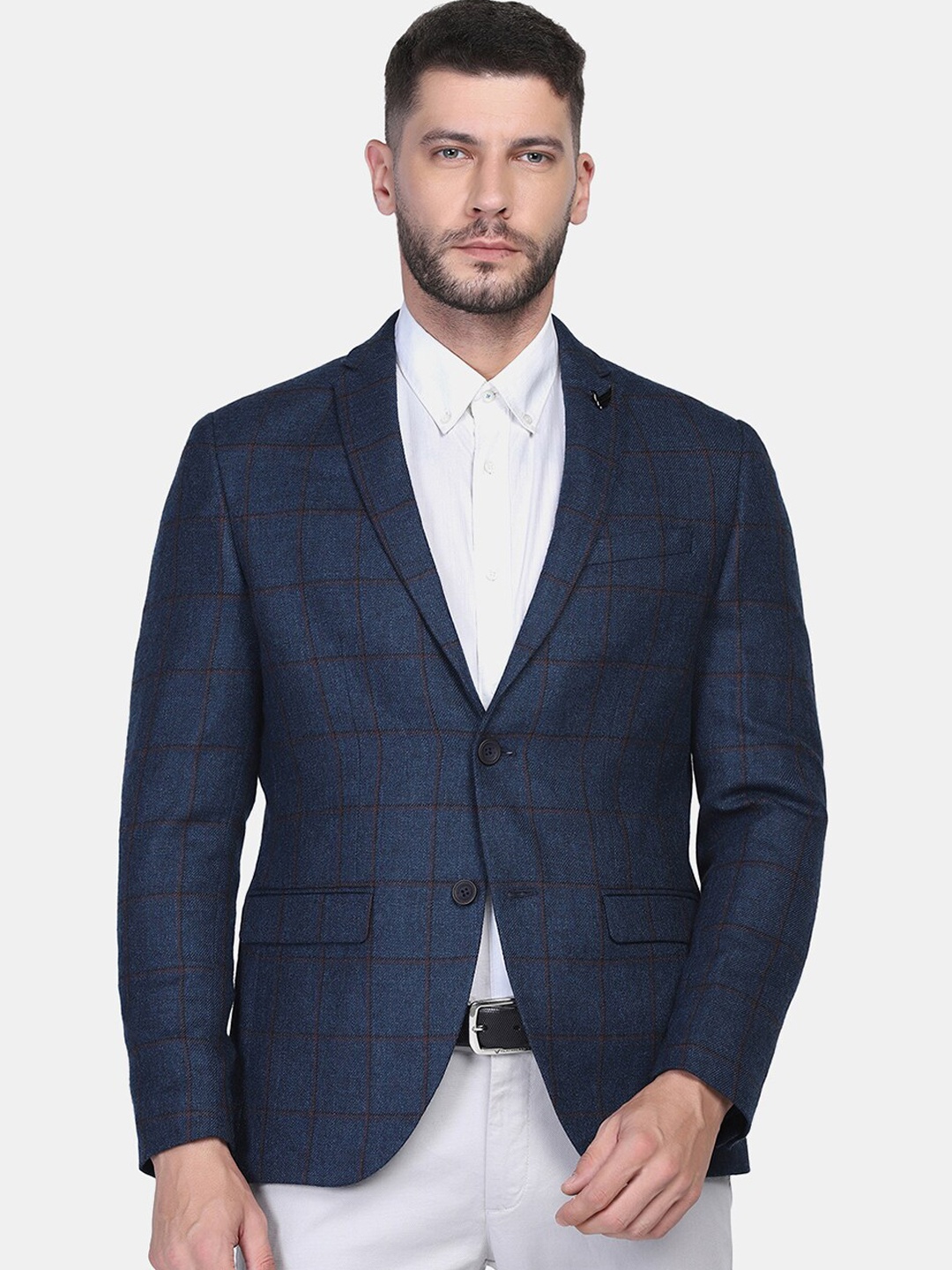 

Blackberrys Men Navy Blue & Black Checked Slim Fit Blazers