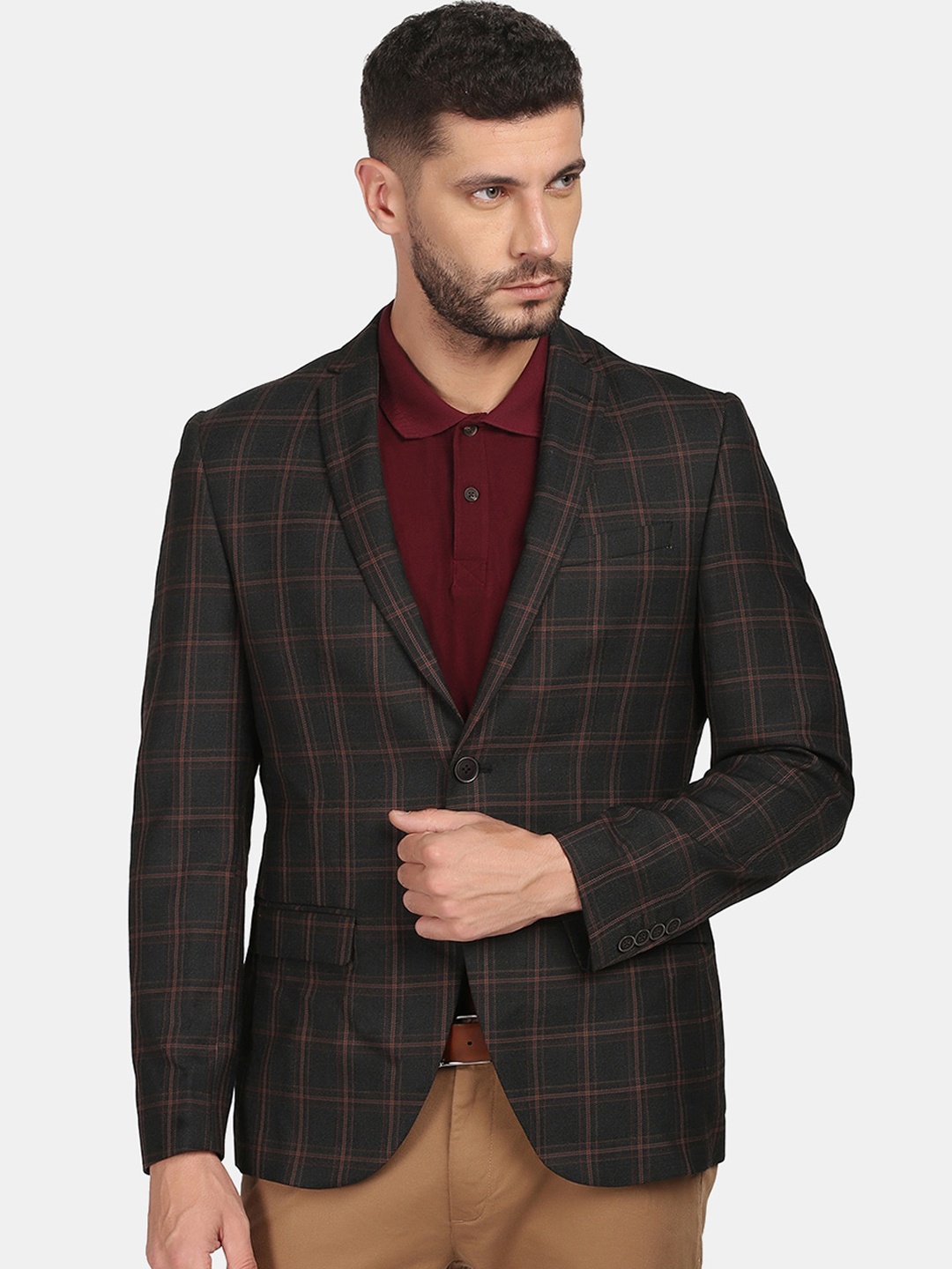 

Blackberrys Men Black Checked Single-Breasted Slim-Fit Blazer