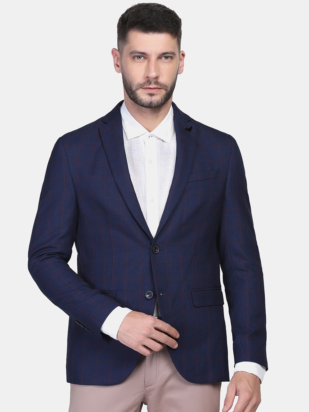 

Blackberrys Men Blue & Red Checked Single Breasted Formal Blazer