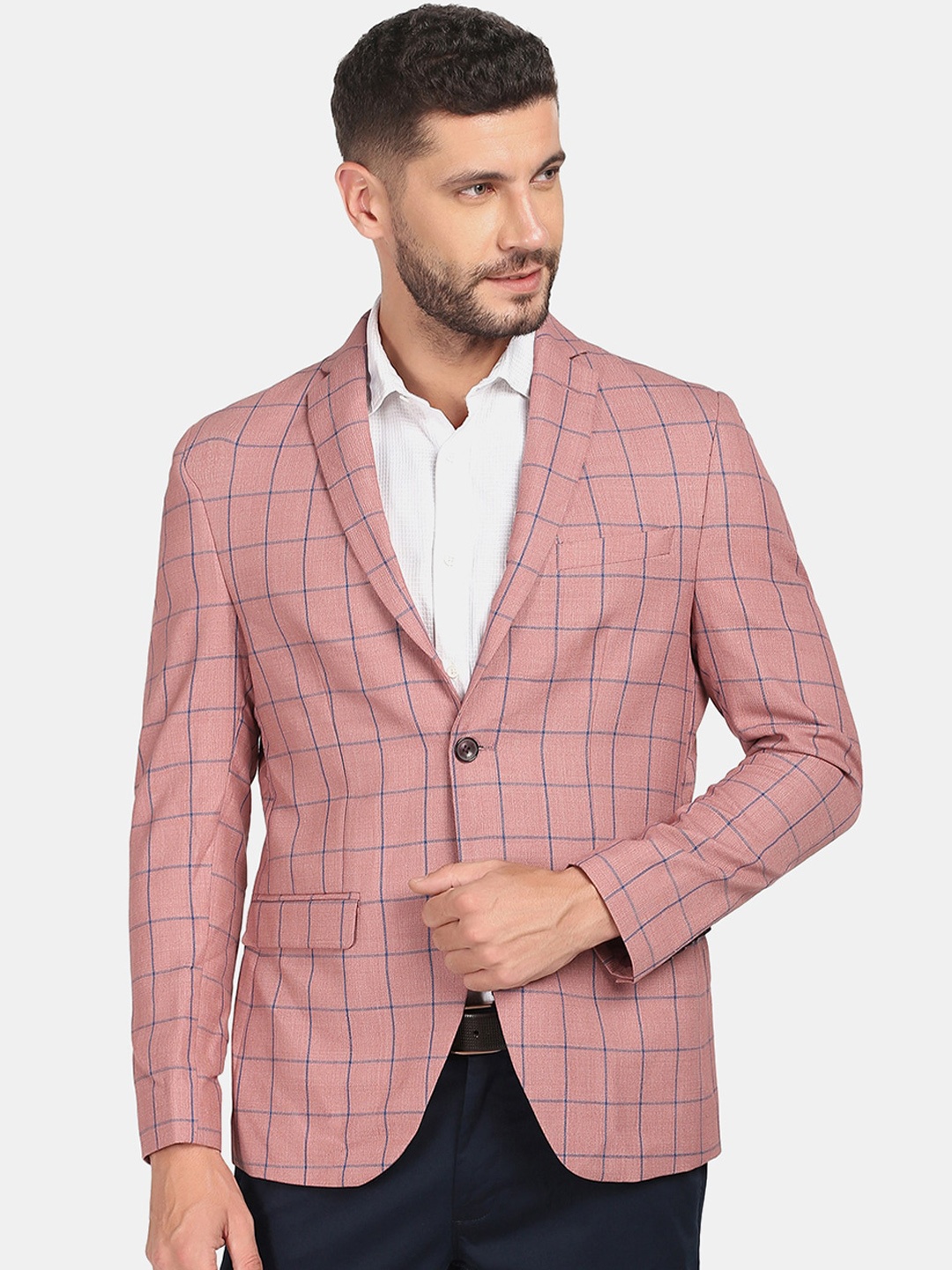 

Blackberrys Men Pink Checked Single Breasted Slim Fit Blazer