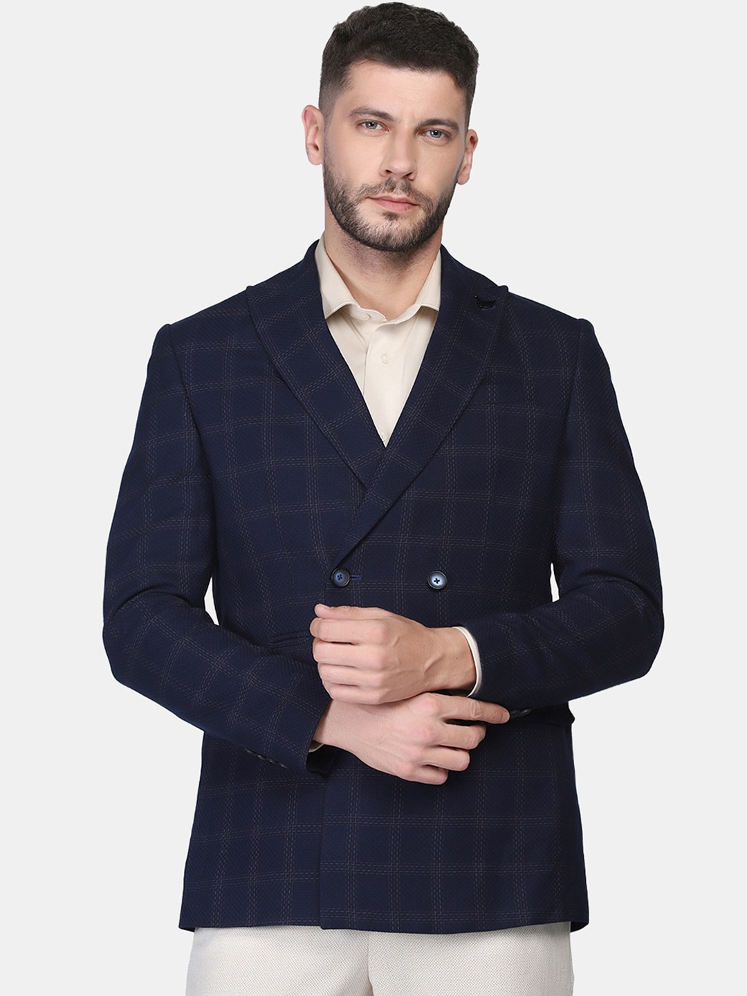 

Blackberrys Men Navy Blue Checked Slim-Fit Single Breasted Formal Blazer