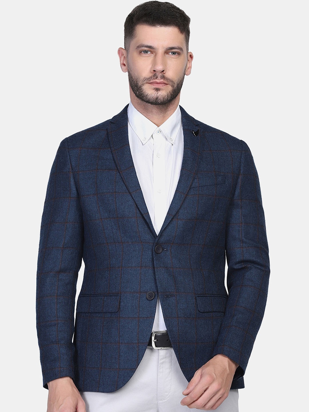 

Blackberrys Men Navy Blue Checked Single Breasted Formal Blazer