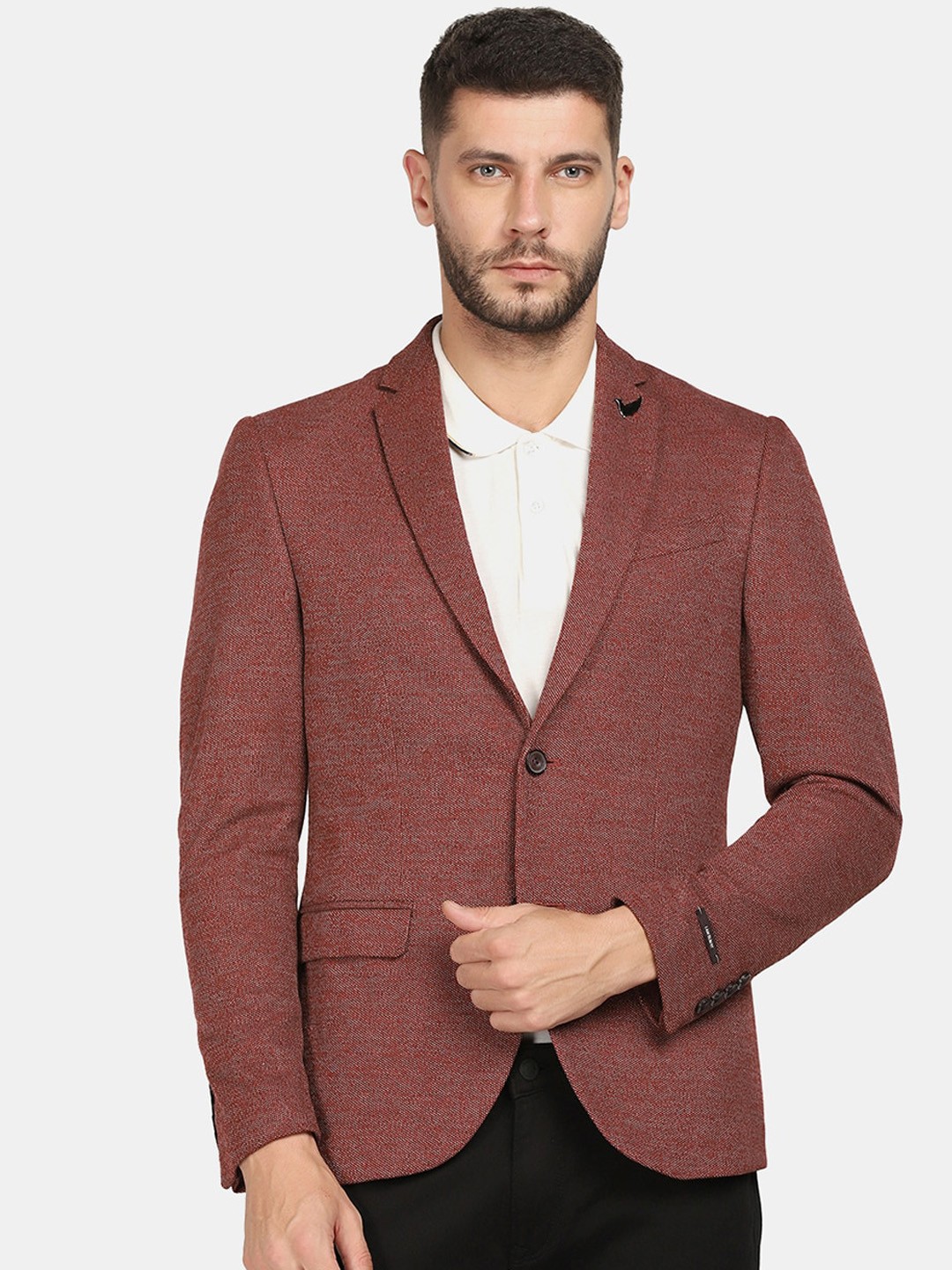 

Blackberrys Men Maroon Solid Single-Breasted Slim-Fit Formal Blazer