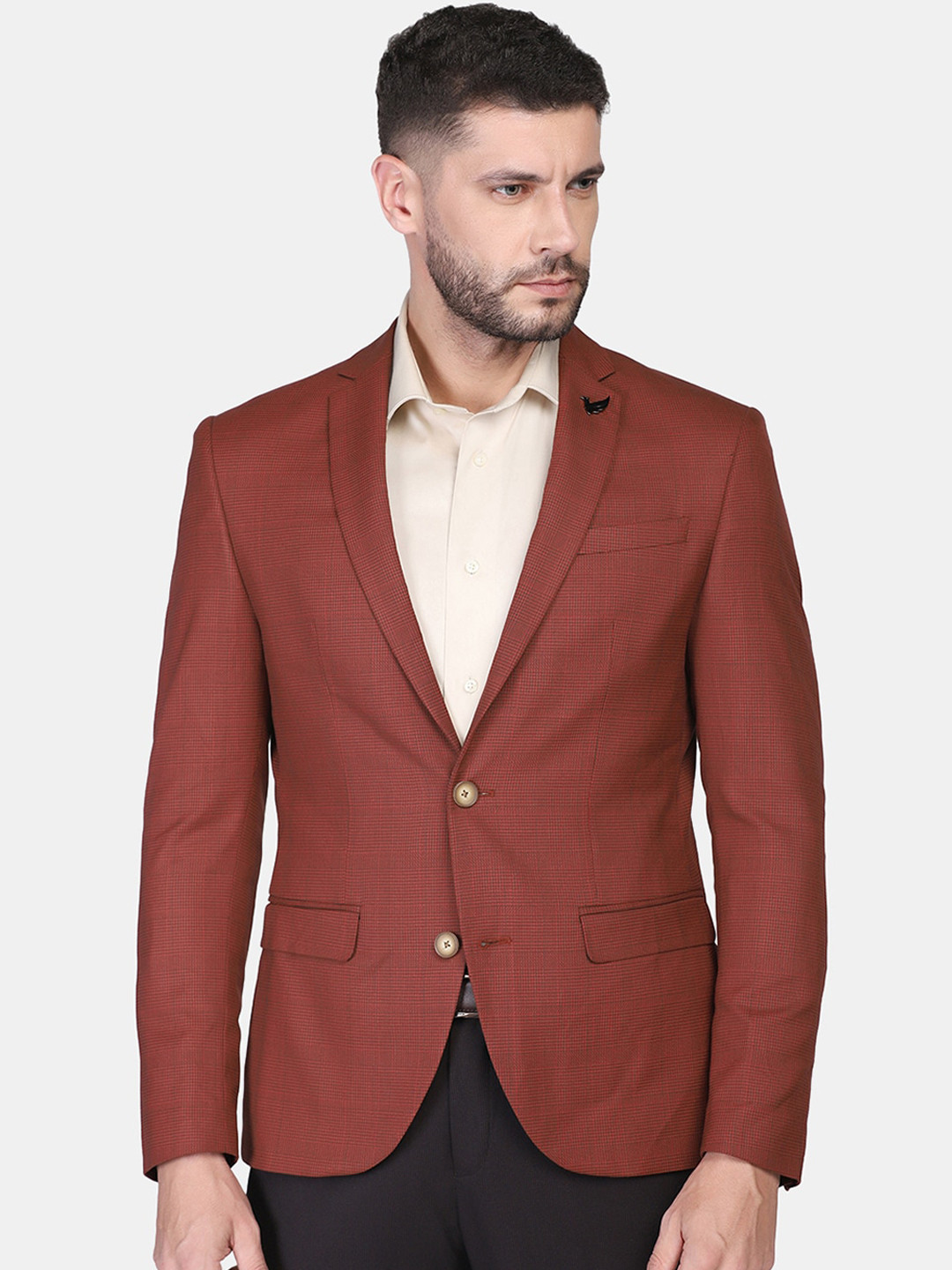 

Blackberrys Men Orange Checked Single-Breasted Slim-Fit Causal Blazers