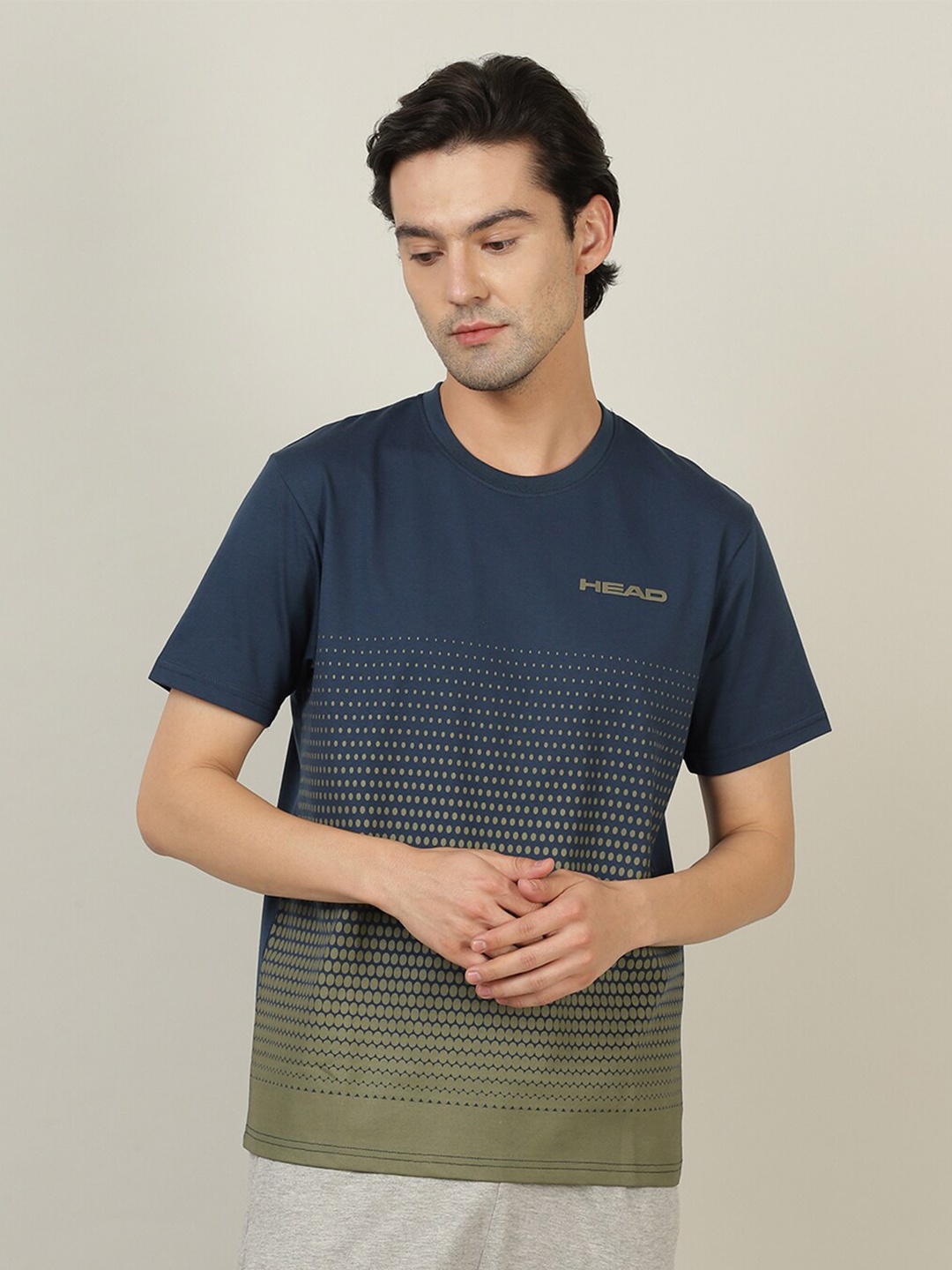 

Head Men Navy Blue Printed Cotton Mandarin Collar T-shirt