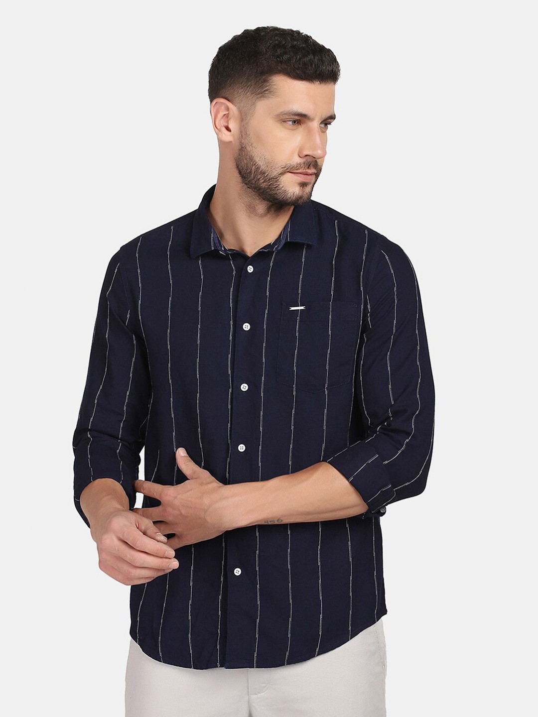 

Blackberrys Men Blue Slim Fit Striped Cotton Casual Shirt