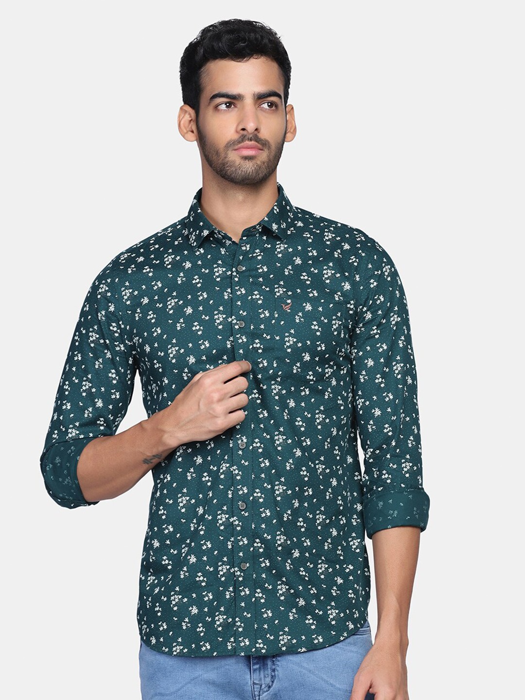 

Blackberrys Men Olive Green Slim Fit Floral Printed Casual Shirt
