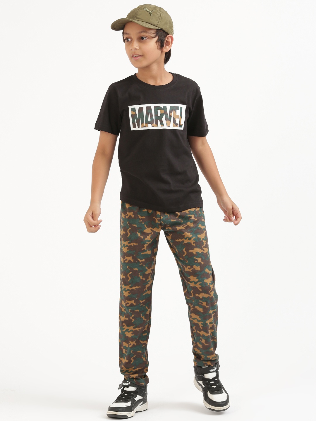 

Nap Chief Boys Black & Brown Marvel & Camouflage Printed Pure Cotton Night suit