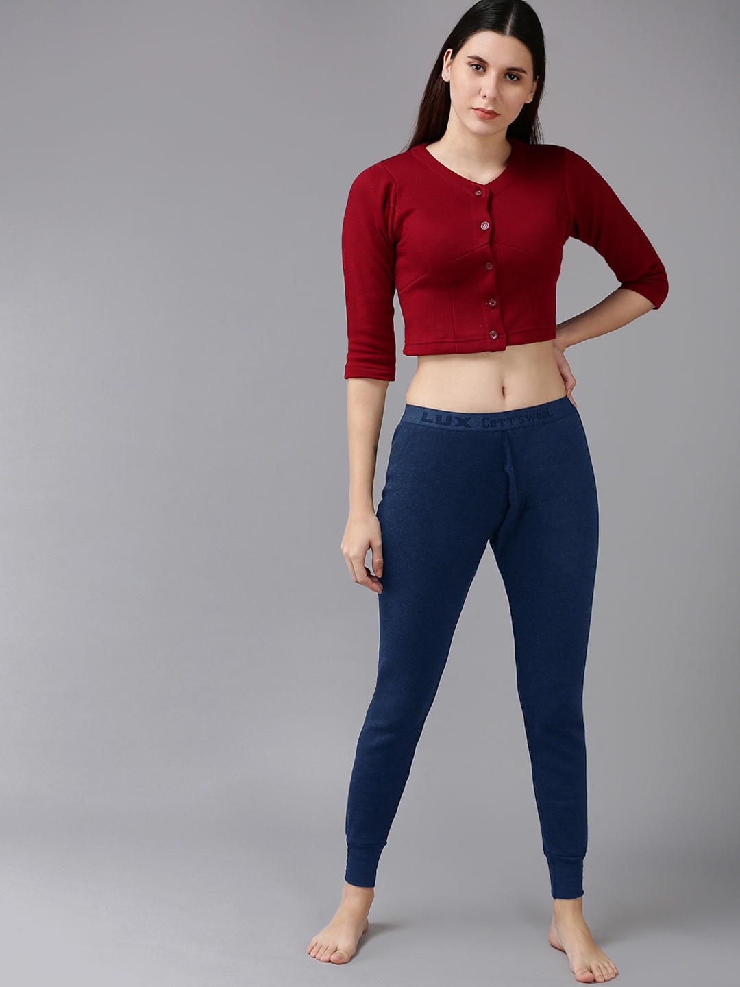 

Lux Cottswool Women Maroon & Blue Solid Wool Thermal Set