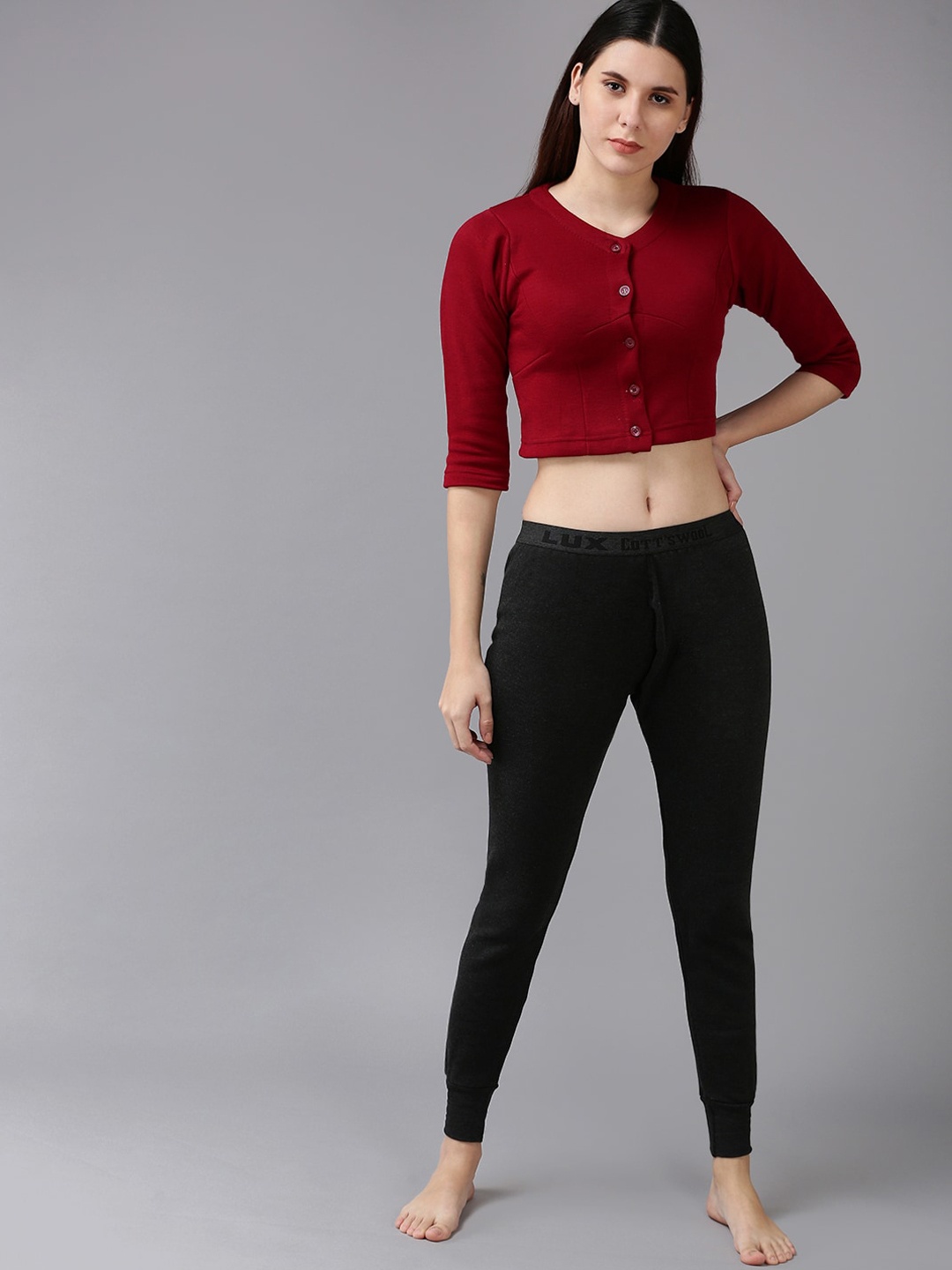 

Lux Cottswool Women Maroon & Black Solid Woolen Thermal Set