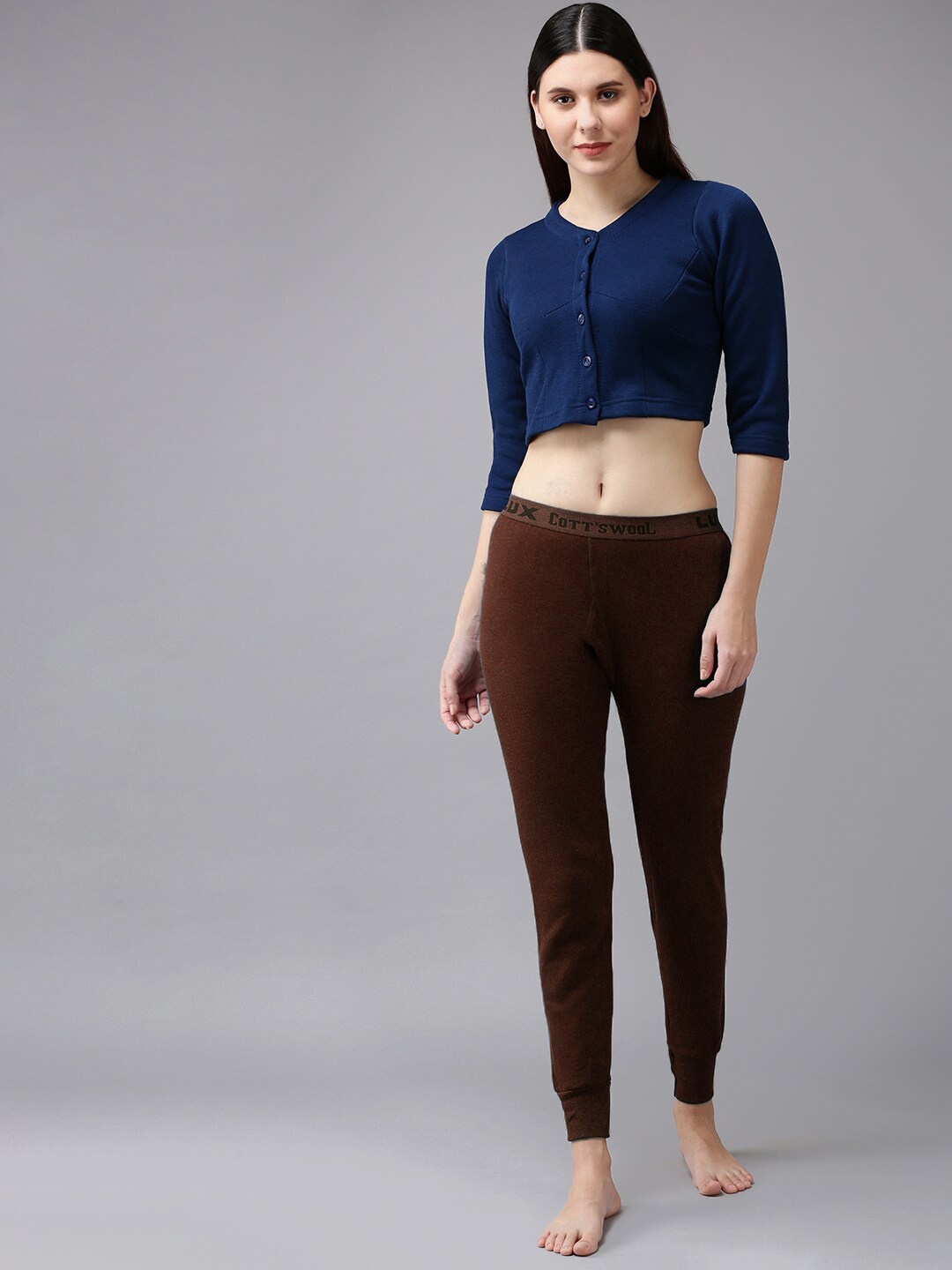 

Lux Cottswool Women Blue & Brown Solid Woolen Thermal Set