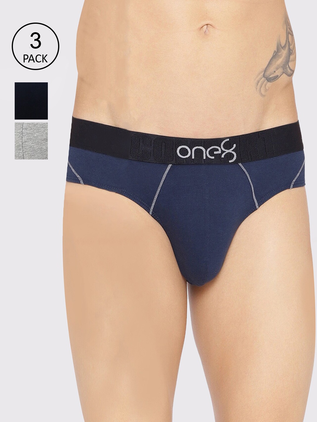 

one8 by Virat Kohli Men Pack Of 3 Solid Pure Cotton Basic Briefs, Blue