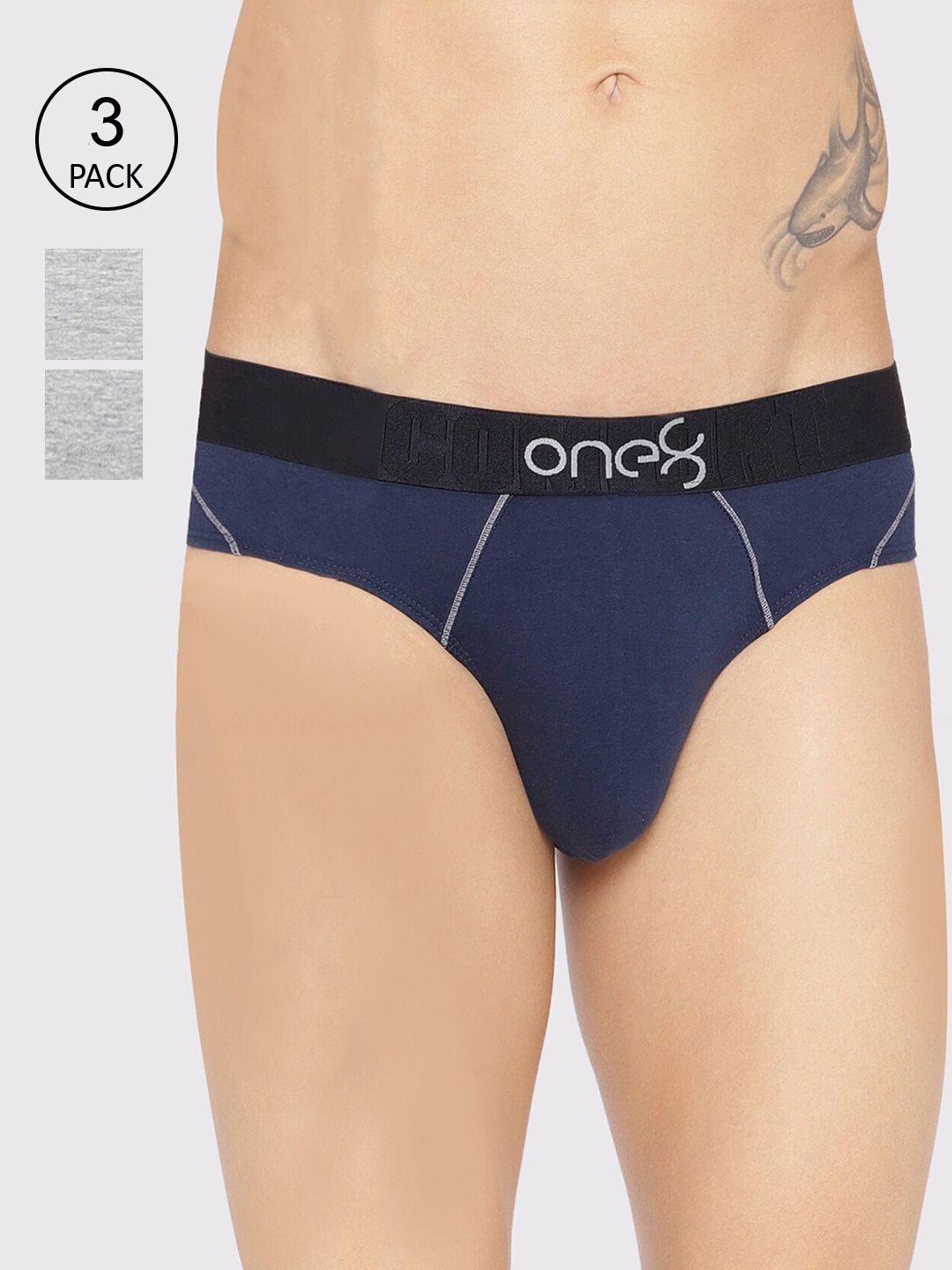 

one8 by Virat Kohli Men Pack Of 3 Solid Basic Briefs, Grey melange
