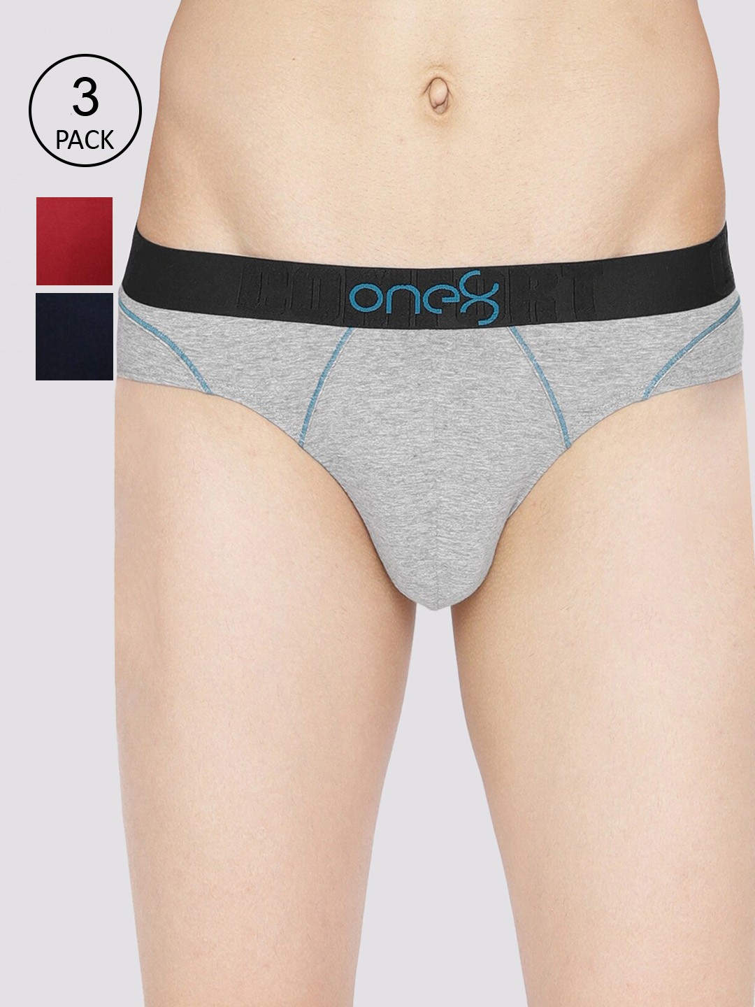 

one8 by Virat Kohli Men Red & Grey Pack Of 3 Solid Basic Cotton Briefs, Blue