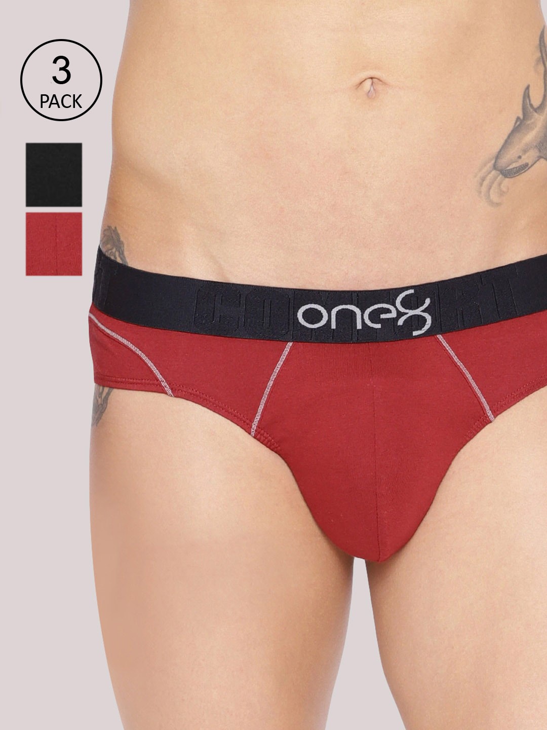 

one8 by Virat Kohli Men Pack Of 3 Solid Pure Cotton Low-Rise Basic Briefs 103-PO3-MAROON/MAROON/BLACK, Red