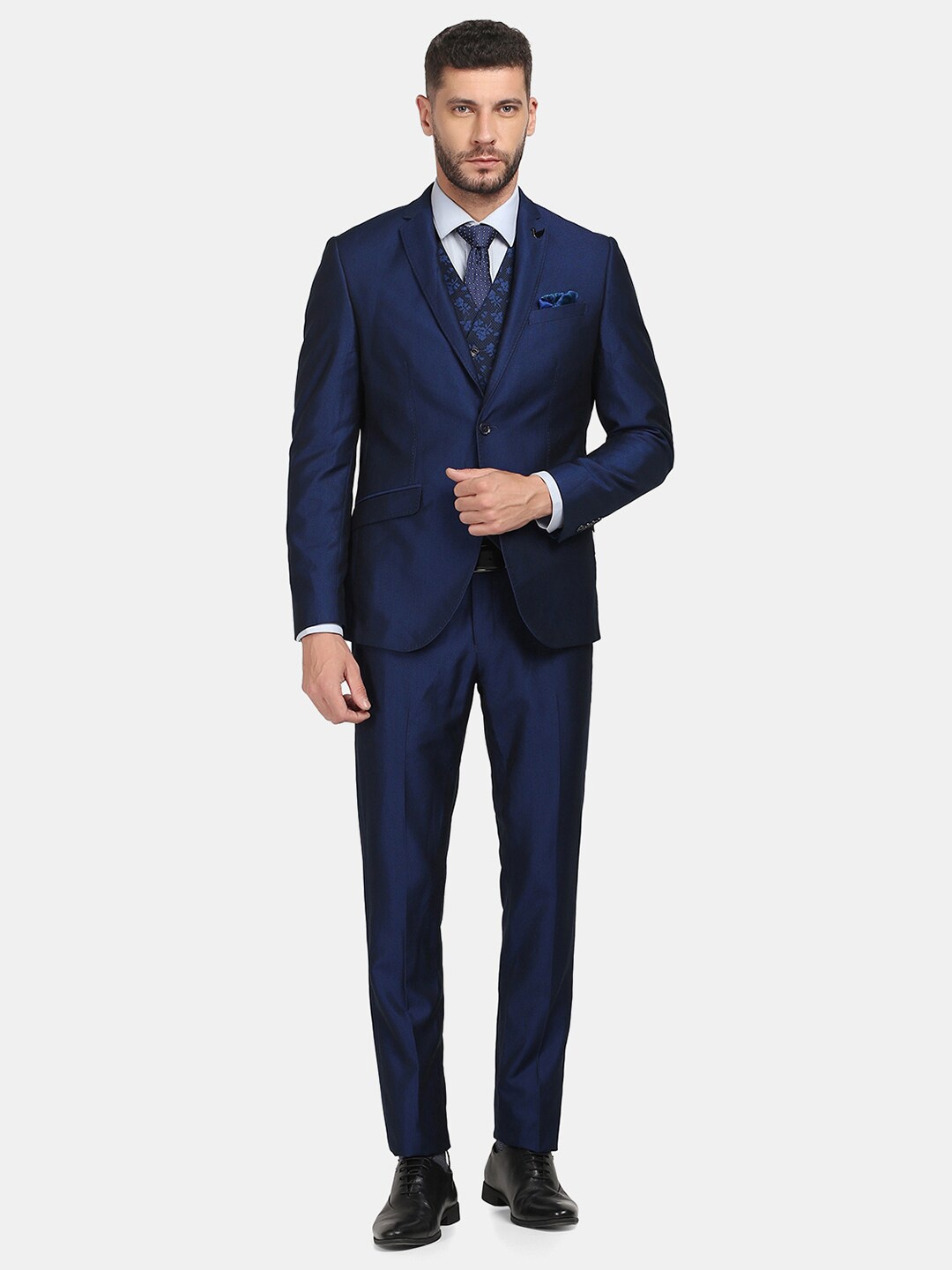 

Blackberrys Men Navy Blue Jacquard Woven Slim-Fit Single Breasted Three Piece Suits