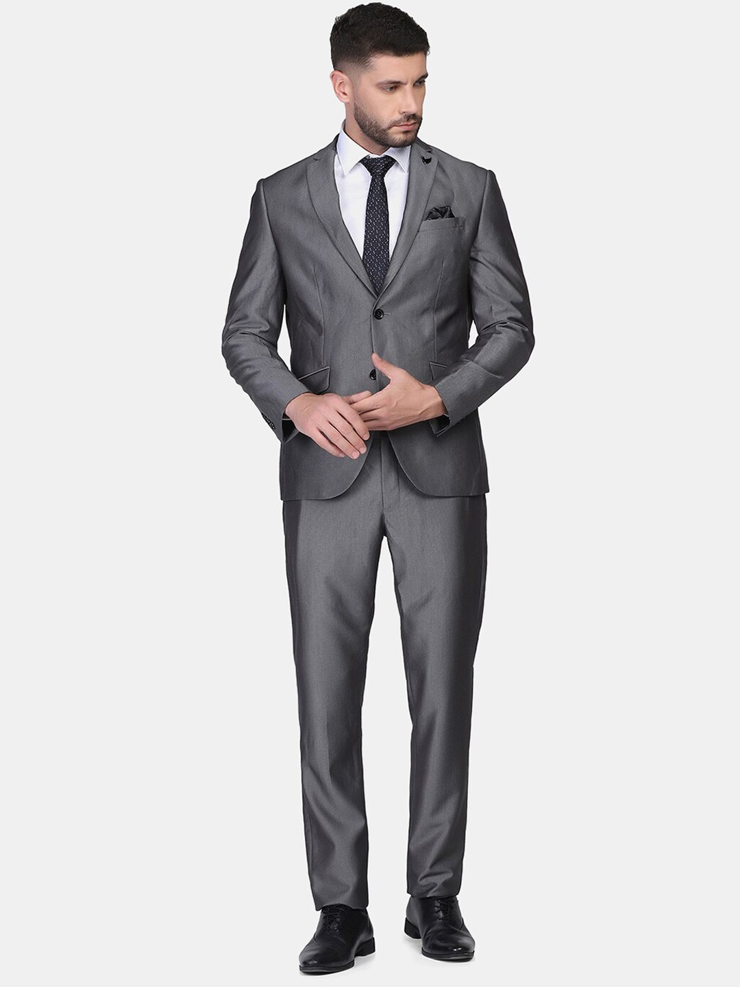 

Blackberrys Men Grey Self Design Single-Breasted Slim-Fit 2-Piece Formal Suit